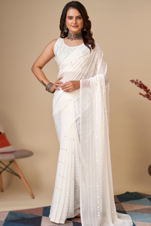 Georgette White Sequins Embroidered Light Weight Saree