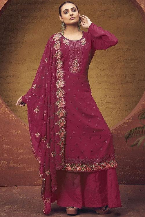 Georgette Wine Maroon Embroidered Straight Cut Palazzo 