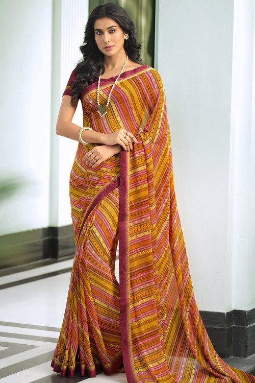 Georgette Yellow Lace Embroidered Saree for Casual Wear