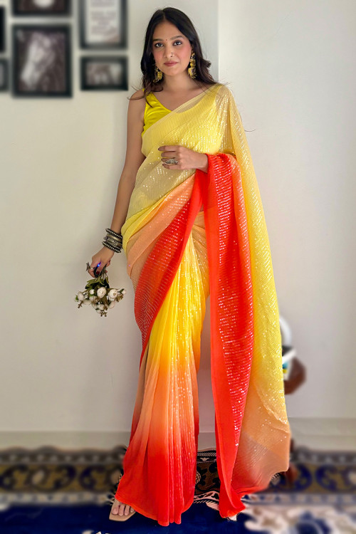 Georgette Yellow Sequins Embroidered Ombre Style Saree