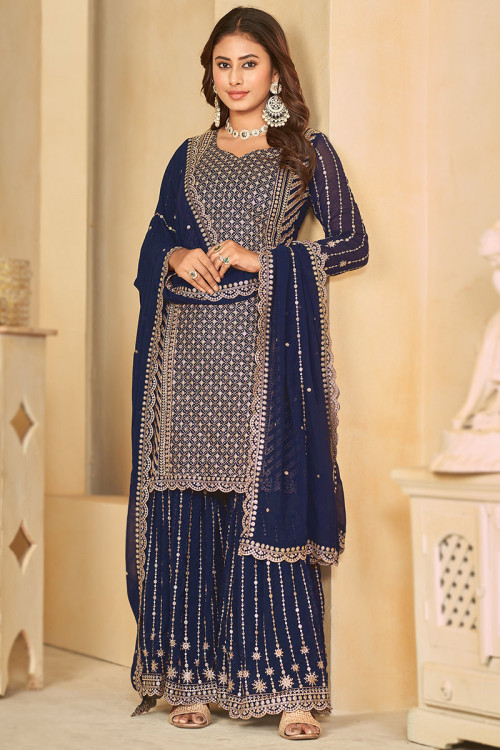 Georgette Zari Embroidered Navy Blue Sharara Suit
