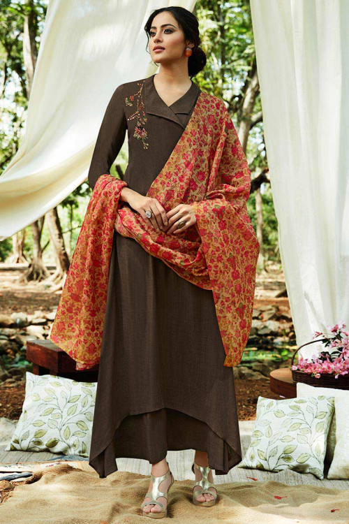 Brown Silk Anarkali Suit With Stone Work