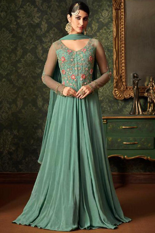 Buy Green Silk Anarkali Suit With Resham Work Online - LSTV02676 ...