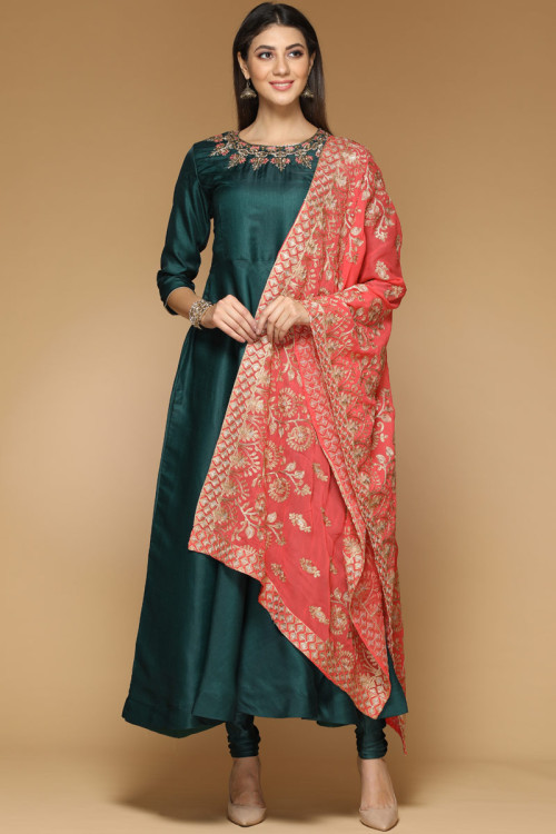 Emerald Green Banglori Silk Anarkali Suit With Resham Work