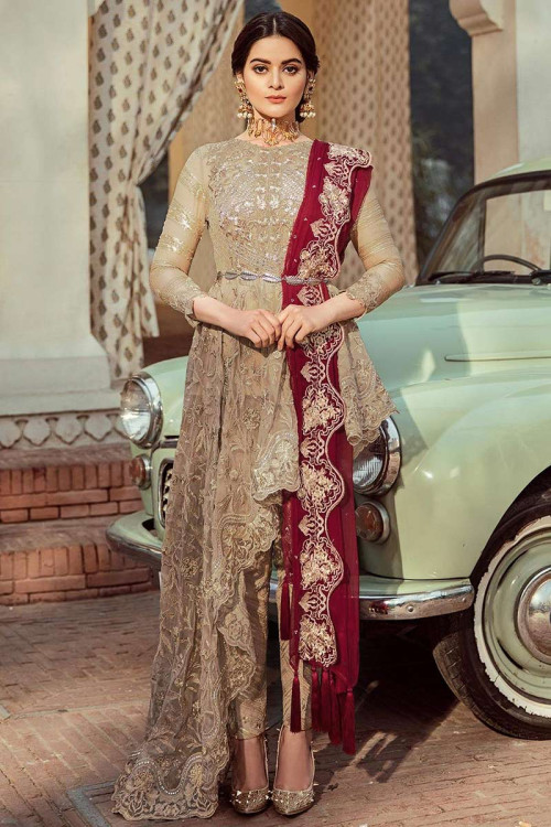 Gold And Beige Net Embroidered Anarkali Suit
