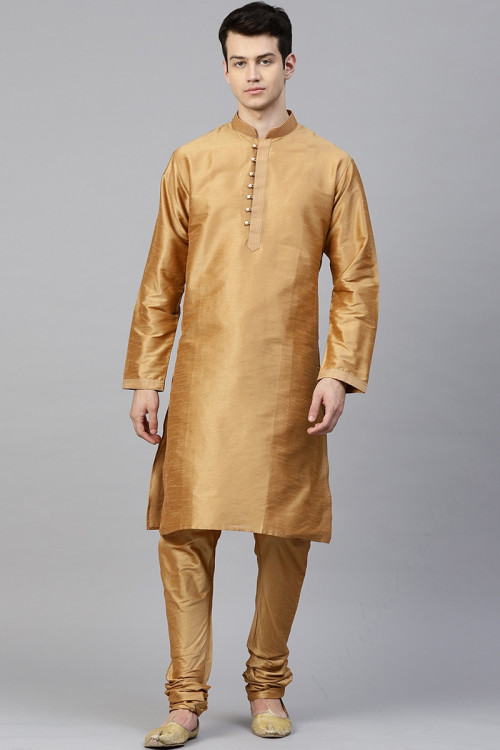 Gold Dupion Silk Plain Men Kurta Pajama for Eid
