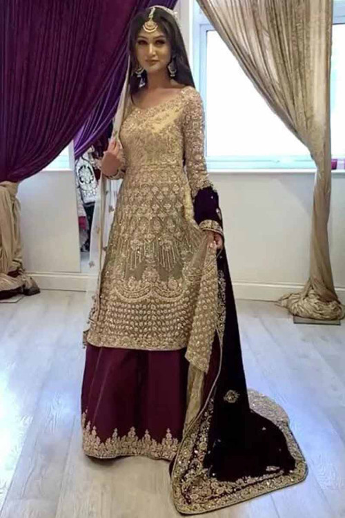 gold net embroidered anarkali suit with skirt lstv113387 1