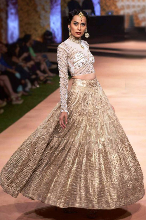 Net Gold Mirror Embroidered Sangeet Lehenga