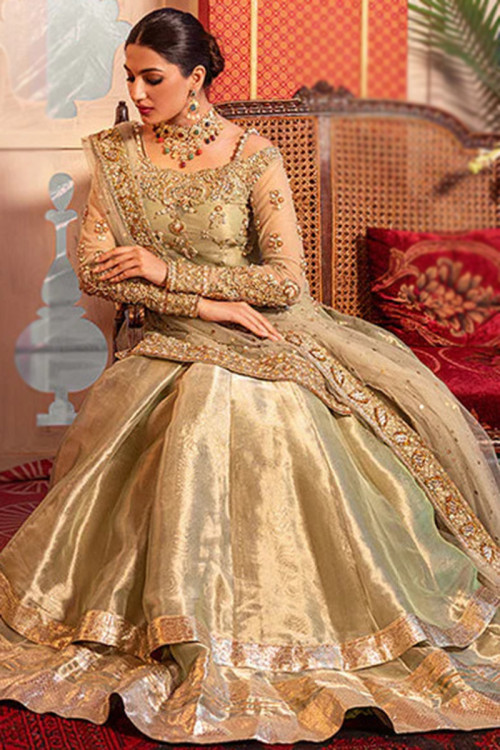 Gold A Line Raw Silk Lehenga for Party 