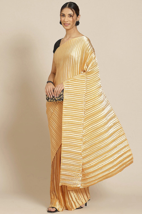 Gold Satin Silk Pleated Saree