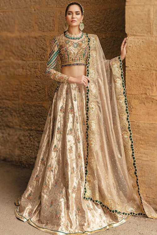 Silk Lehenga in Gold colour with Zari Embroidery for Sangeet