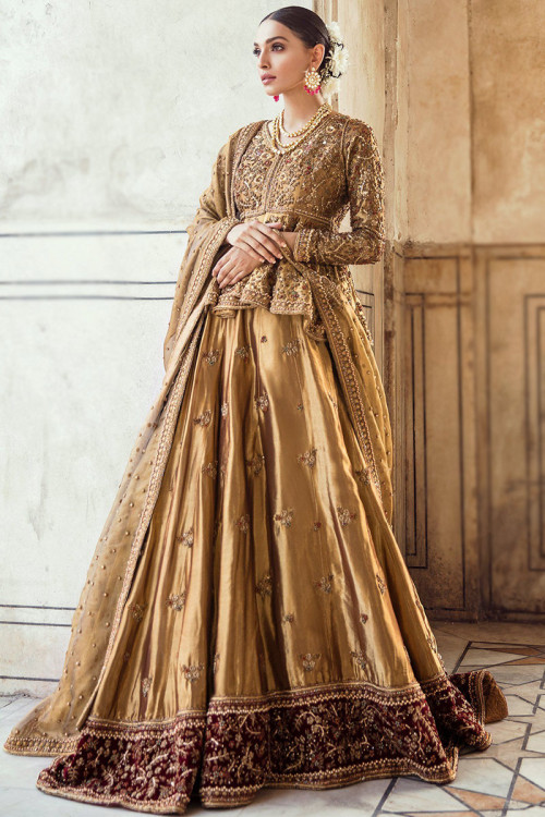 Silk Gold Wedding Wear Lehenga with Thread embroidery