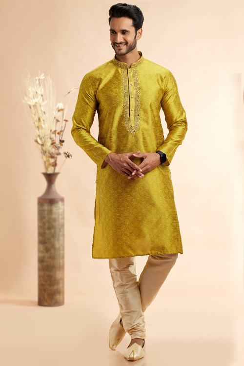 Gold Silk Weaved Thread Straight Cut Men's Kurta Churidar