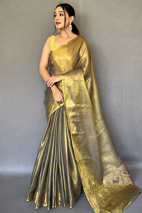 Golden Organza Silk Woven Zari Traditional Saree 
