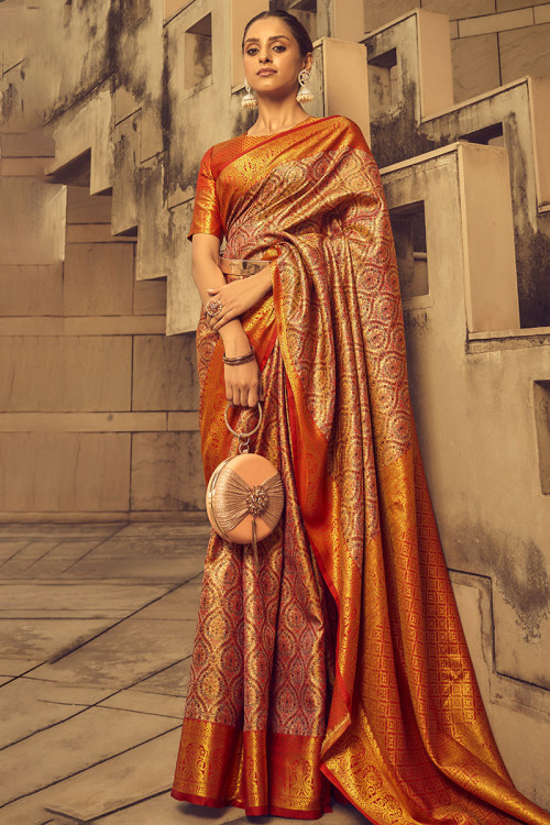 Golden Weaved Zari Banarasi Silk Traditional Saree 