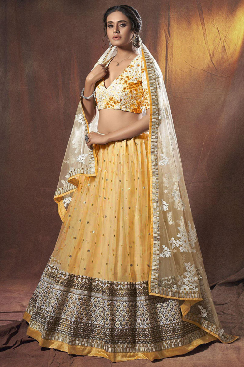 Net Lehenga with Zari Embroidery in Gold for Wedding 