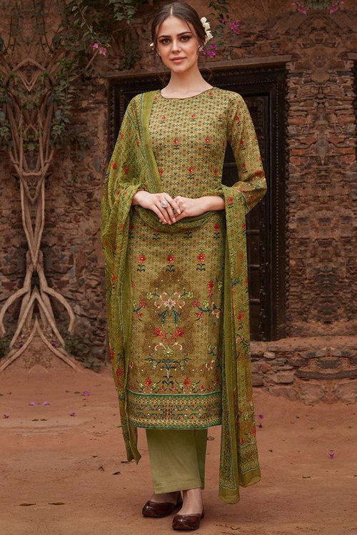 Buy Moss Green Cotton Trouser Suit With Resham Work Online- LSTV0202
