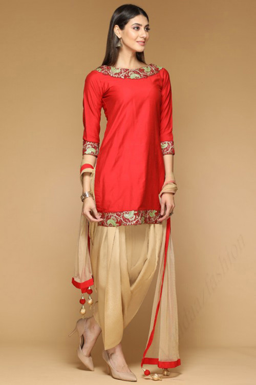 Candy Red Eid Taffeta Silk Patiala Suits With Resham Work