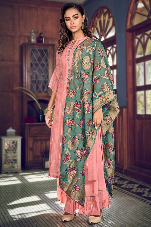 Gota Patti Embroidered Chanderi Cotton Salmon Pink Sharara Suit