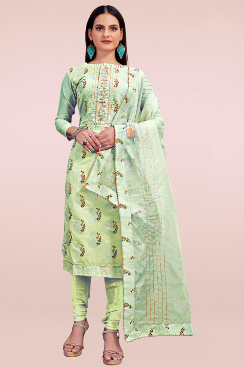 Gota Patti Embroidered Chanderi Pistachio Green Churidar Suit