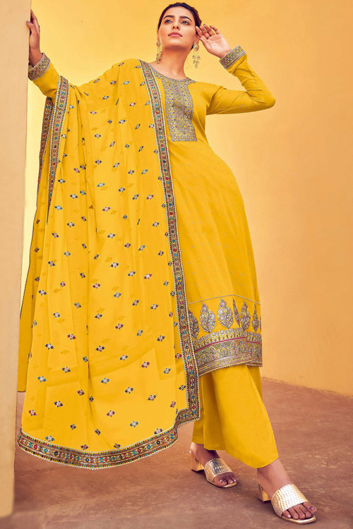 Gota Patti Embroidered Georgette Mustard Yellow Trouser Suit