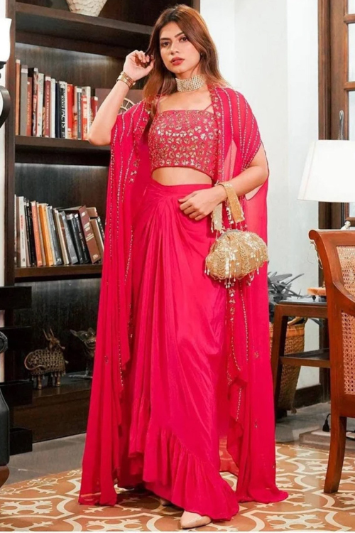 Gota Patti Embroidered Satin Ruby Pink Indo Western Lehenga