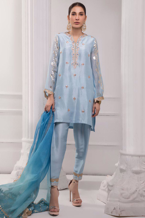 Gota Patti Embroidered Silk Light Blue Wedding Trouser Suit