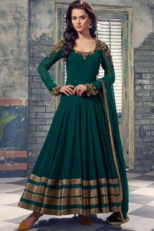 Silk Anarkali Churidar Suit In Green Color