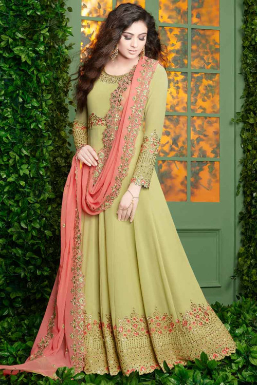 Anarkali Suit In Green Color With Crystal Embroidered