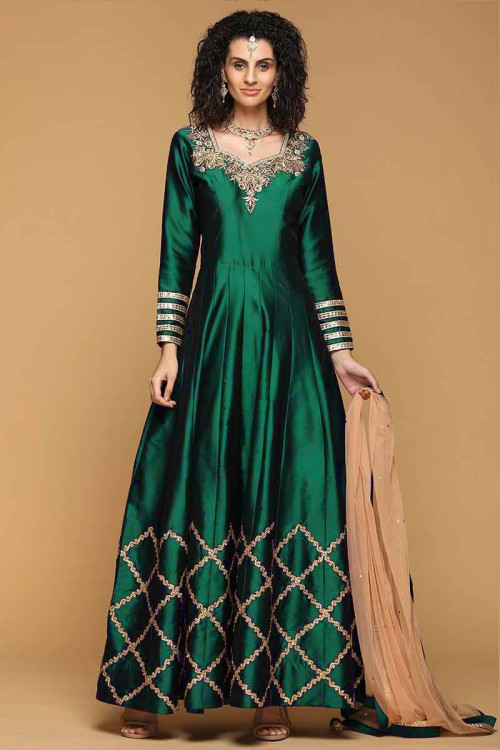 Green Taffeta Embroidered Anarkali Suit