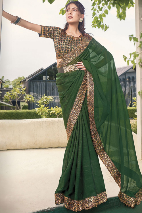 Green Chiffon Shimmer Saree With Lace Embroidery