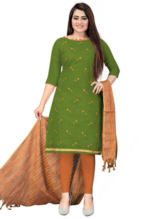 Green Cotton Indian Churidar Suit With Thread Work