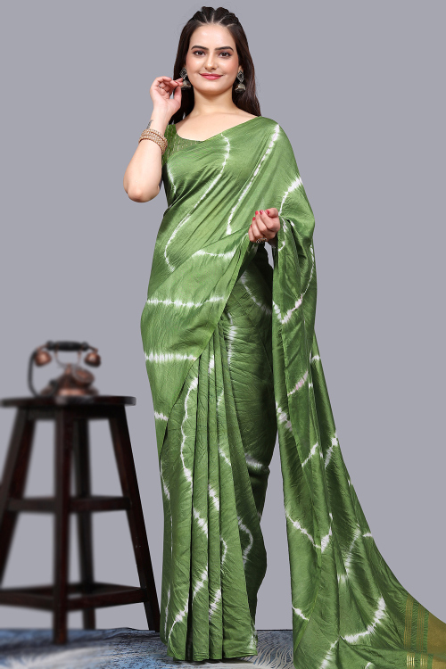 Green Cotton Printed Tie and Dye Saree