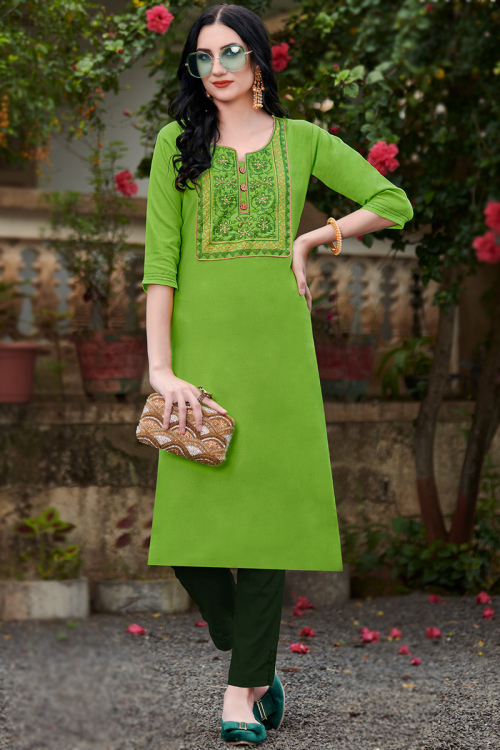 Cotton Kurti with Thread Embroidery in Green for Party 