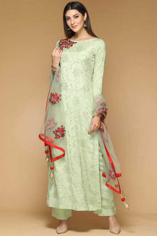 Green Dupion Embroidered Palazzo Pant Suit for Eid