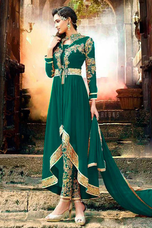 Emerald Green Georgette Trail Cut Anarkali Suit With Cigarette Pant