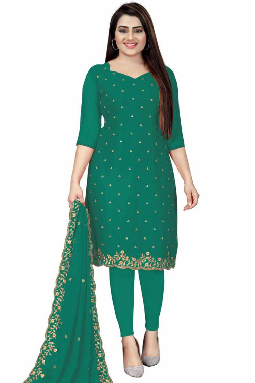 Green Georgette Embroidered Churidar Suit With Zari Work For Eid