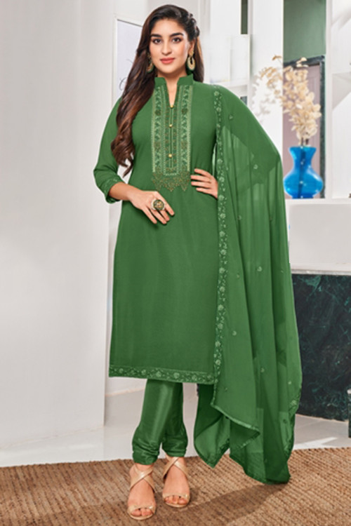 Buy online Bottle Green Embroidered Semi-stitched A-line Suit Set from  Suits & Dress material for Women by Fashion Basket for ₹1649 at 67% off