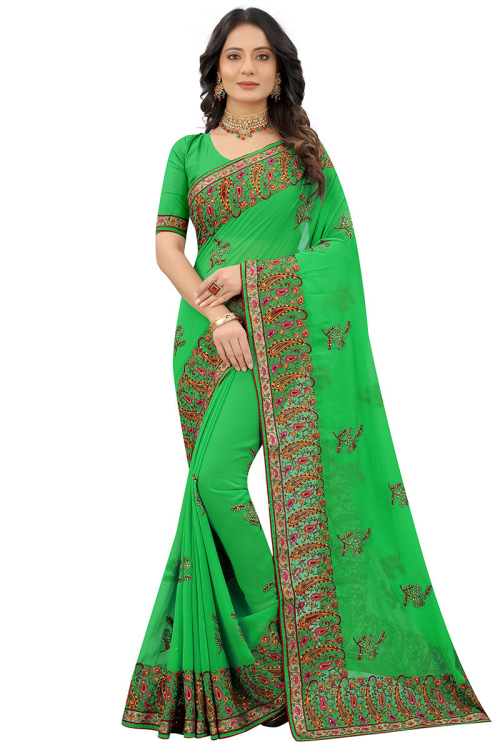 Green Georgette Woven Saree with Lace embroidery