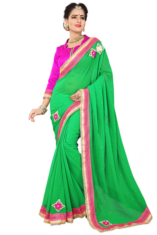 Saree for Party Wear in Georgette Green with Lace embroidery