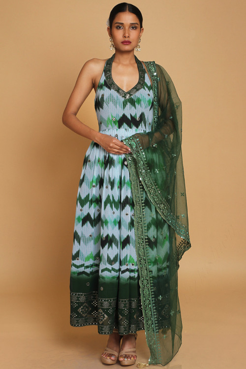 Green Georgette Printed Anarkali Suit