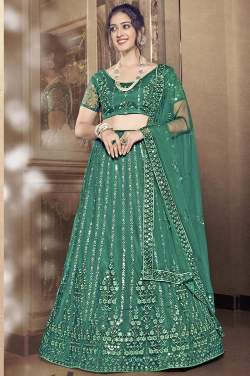 Green Net Embroidered Wedding Wear Lehenga