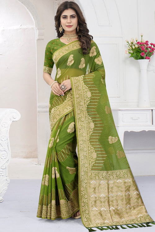 Green Organza Embroidered Saree