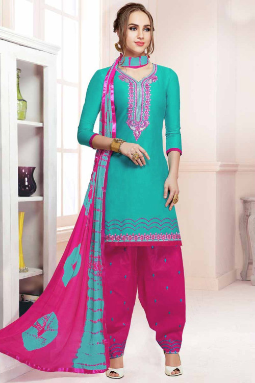 Green Cotton Patiala Suits With Resham Work