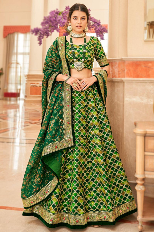 Green Printed Art Silk Lehenga Choli For Mehndi 
