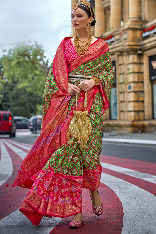 green printed patola silk saree for sangeet sarv166392 1