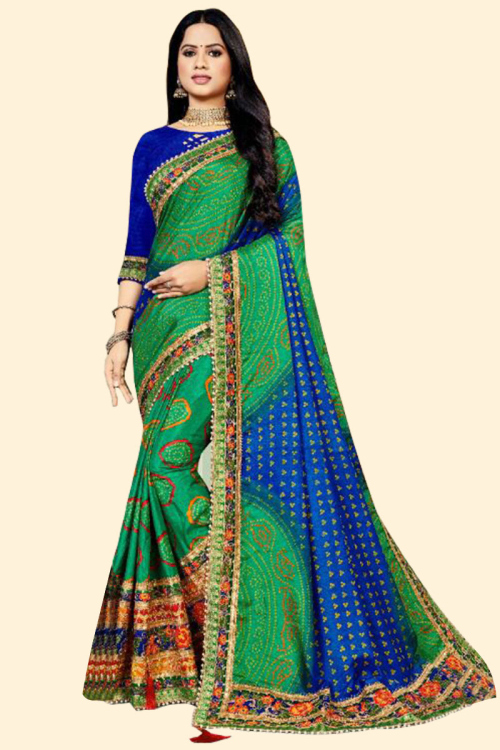 Silk Green Party Wear Saree with Bandhej Print