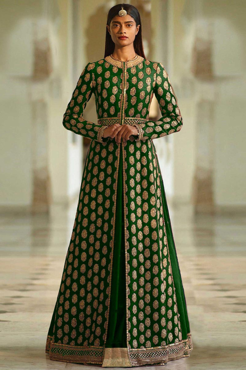 Green Silk Jacket Style Lehenga With Zari Work