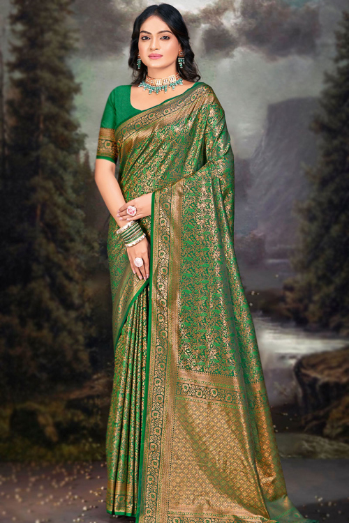 Green Silk Woven Zari Broad Border Saree