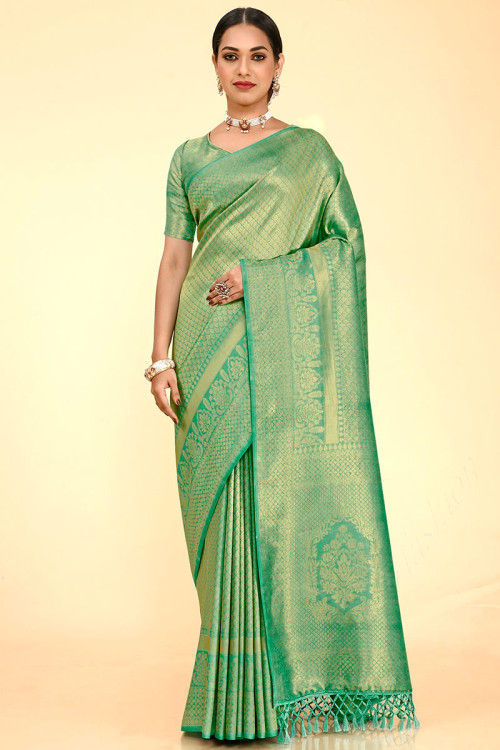 Buy Party Wear Pista green Kanjeevaram Work Silk Saree Online